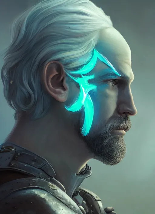 Image similar to an epic fantastic realism comic book style portrait painting of an aasimar paladin, male, angel wings on back, silver hair, short brown beard, d & d concept art, unreal 5, daz, teal aesthetic, octane render, cosplay, rpg portrait, dynamic lighting