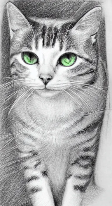 Image similar to highly detailed full body realistic pencil sketch of a beautiful cat with big green eyes in front of the universe