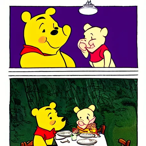 Prompt: Winnie the Pooh invites Tiger and Piglet to dine in a very fancy restaurant.