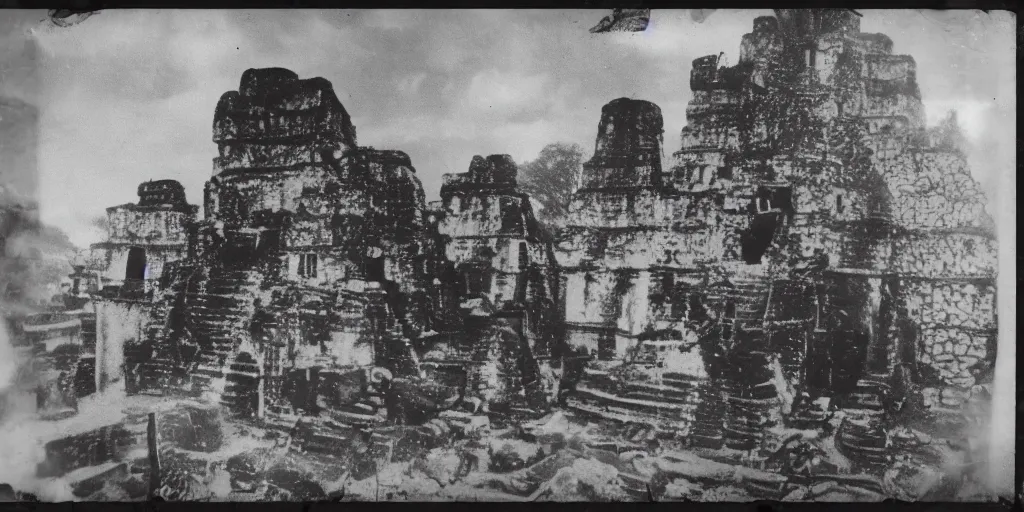 Image similar to black and white old 1 9 3 0 s damaged polaroid photo of a real alien with mayans in the ruins of tikal