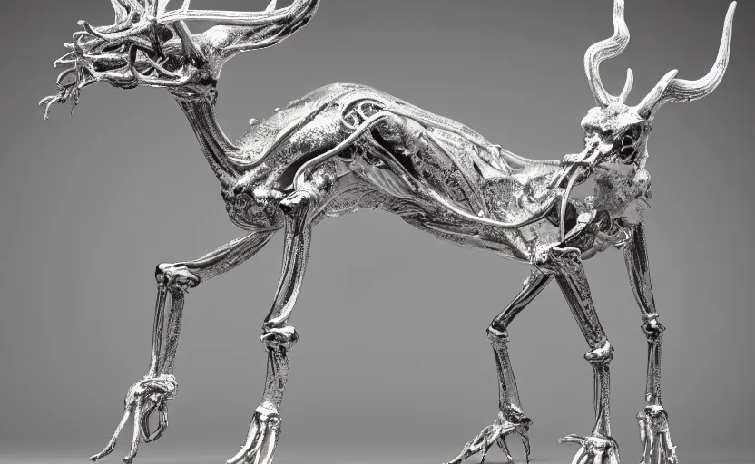 Image similar to stylized shiny polished silver statue full body extra limbs bizarre cosmic horror quadruped animal deer skull four legs made of marble of slug creature tendrils, perfect symmetrical body, perfect symmetrical face, hyper realistic, hyper detailed, by johannen voss, by michelangelo, octane render, blender, 8 k, displayed in pure white studio room