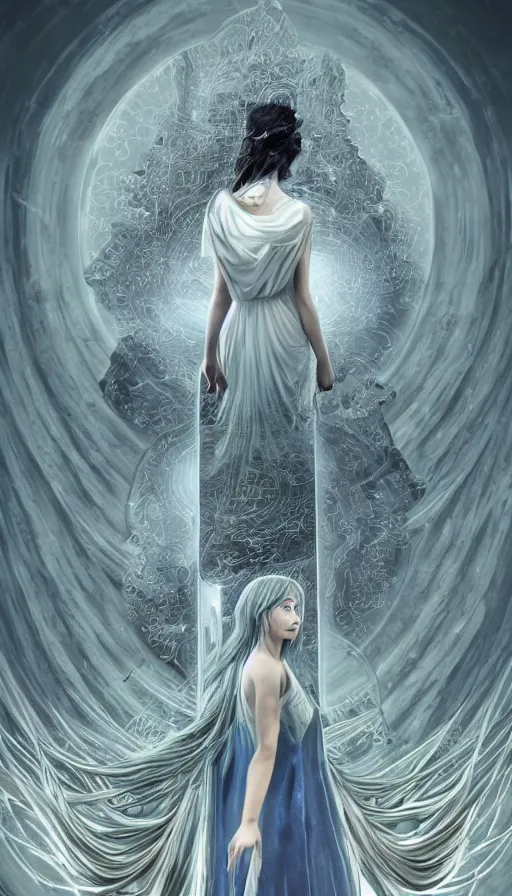 Prompt: goddess of illusion, beautiful, stunning, breathtaking, mirrors, glass, magic circle, magic doorway, fantasy, mist, bioluminescence, hyper - realistic, unreal engine, by hajime isayama