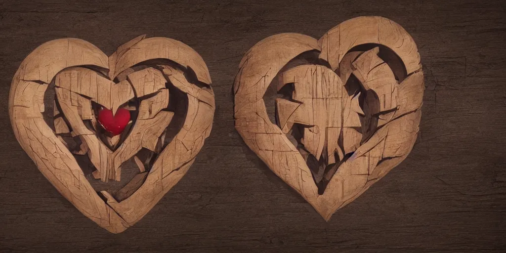 Image similar to realistic wooden heart design, character sheet, Greg Rutkowski, Zabrocki, Karlkka, Jayison Devadas, Phuoc Quan, trending on Artstation, 8K, ultra wide angle, zenith view, pincushion lens effect