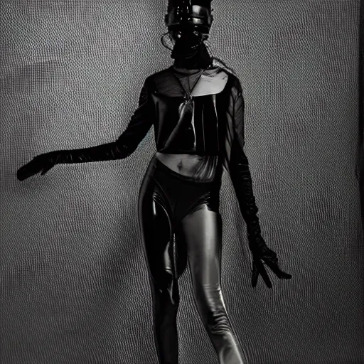 Prompt: fashion photography of an extraterrestrial model, wearing a black mask, wearing demobaza fashion, inside berghain, berlin fashion, harness, futuristic fashion, dark minimal outfit, photo 3 5 mm leica, hyperdetail, berghain, 8 k, very detailed, photo by nick knight