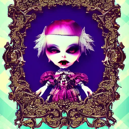 Prompt: baroque bedazzled gothic royalty frames surrounding a pixelsort emo demonic horrorcore doll, low quality sharpened graphics, remastered chromatic aberration