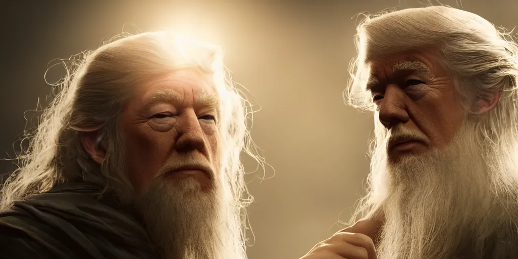 Image similar to a beautiful photo of gandalf being starred by donald trump, intricate detail, god rays, photography, volumetric light, cinematic, 8 k