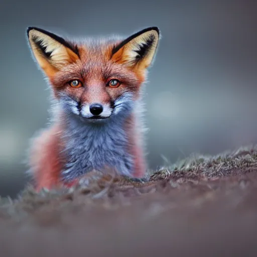 Prompt: a bioluminescent fox cub in the night, wildlife photography, 8 k, highly detailed