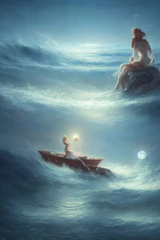 Prompt: breathtaking detailed soft painting of a drunken ship with mystical horrors and sun lichen, bathing in dreaming lactescent sea, alcohol with blue delirium skies, elegant, highly detailed, artstation, concept art, matte, sharp focus, art by tom bagshaw, and greg rutkowski
