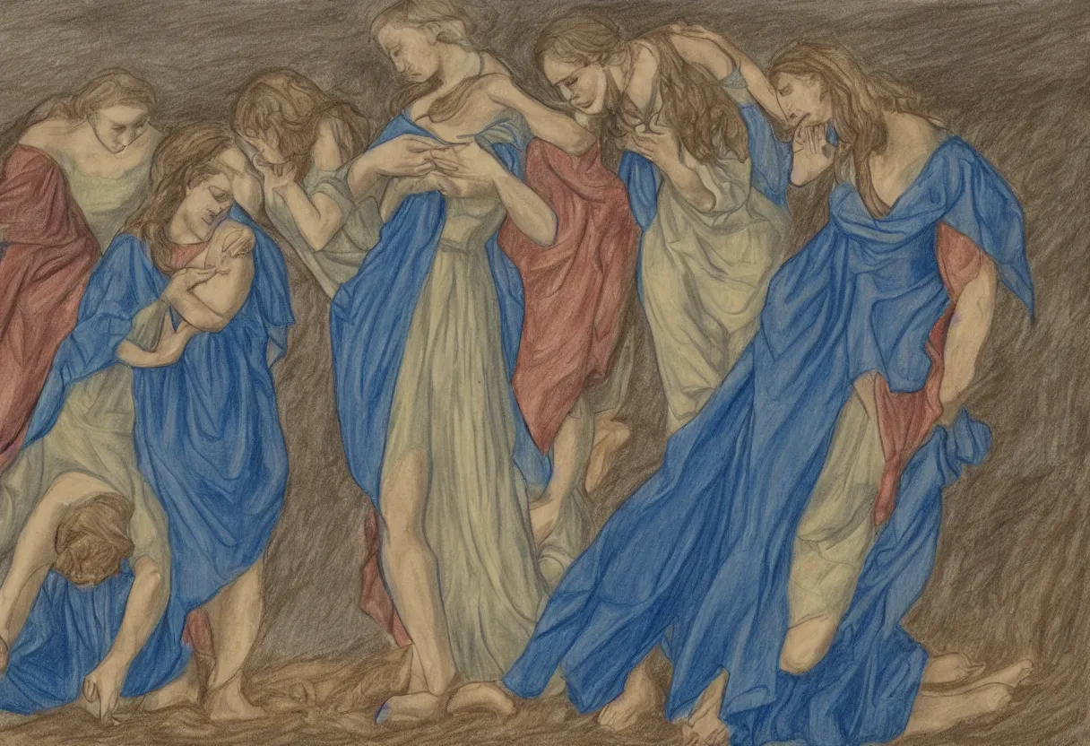 Image similar to a drawing of 3 maria's with blue dresses in a landscape crying at the death of christ