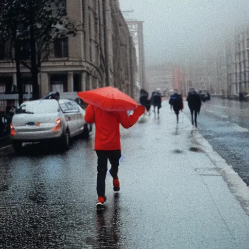 Prompt: a photograph of a man running down the street wearing a hat on a rainy day on expired kodak film, 3 5 mm