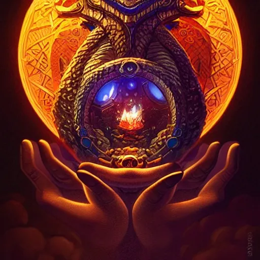 Image similar to odin holds his hands on the dragon orb, beautiful detailed pixelart by albertov, intricate details, beautiful, dithered gradients, volumetric lighting, cgsociety, artstation, smooth, sharp focus, 2 d illustration, by greg rutkowski, amazing art by dan mumford