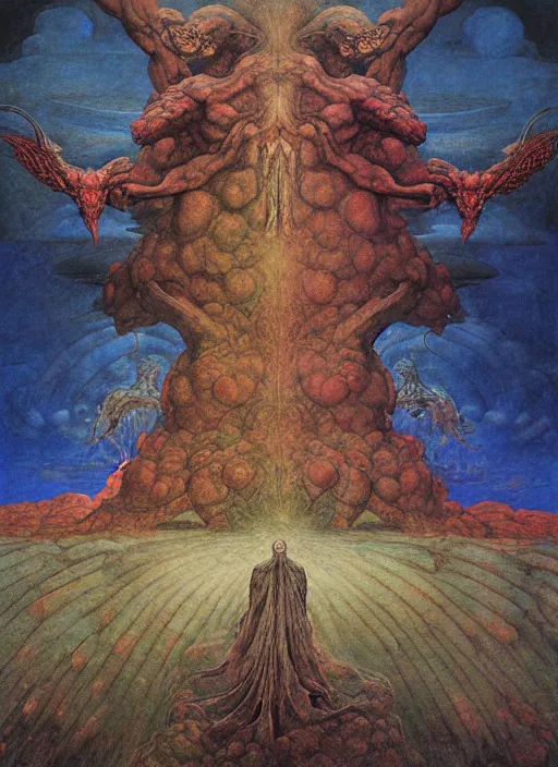 Image similar to eternal battle between good and evil , psx game graphics , painting by Beksinski and Moebius and Takato Yamamoto, by William Blake, Austin Osman Spare, high resolution, ultra detailed