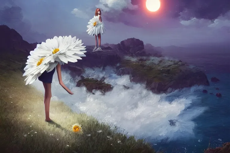 Prompt: giant white daisy flower blooming as a head, girl standing on cliff, surreal photography, solar eclipse, stars, dramatic light, impressionist painting, clouds, digital painting, artstation, james gilleard, liam wong, jeremy mann, simon stalenhag