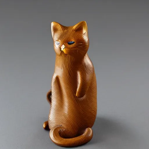 Image similar to elegant anthropomorphic cat figurine wearing a kimono, brown resin, highly detailed, intricate, monotone, shy looking down