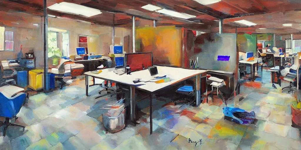 Image similar to painting workplace, art style by bryen frost