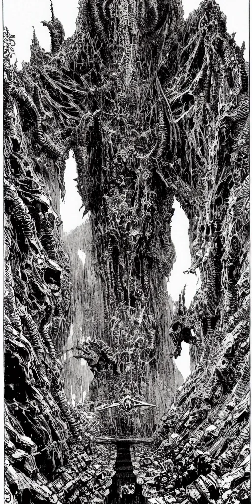 Image similar to hells gates by philippe druillet and gustave dore and much a and moebius