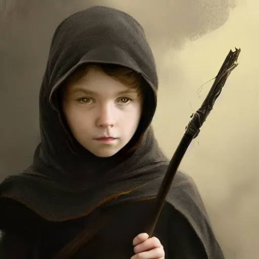 Image similar to perfectly - centered - portrait of a kid wearing black cloak holding stick, intricate, highly detailed, digital painting, artstation, concept art, smooth, sharp focus, illustration, unreal engine 5, 8 k, art by artgerm and greg rutkowski and alphonse mucha