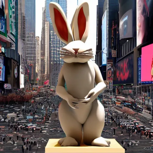 Prompt: a realistic plasticine sculpture of a very scary bunny with sharp teeth made by michelangelo, standing in times square, 3 d render, hyper detailed, sharp focus, 8 k resolution