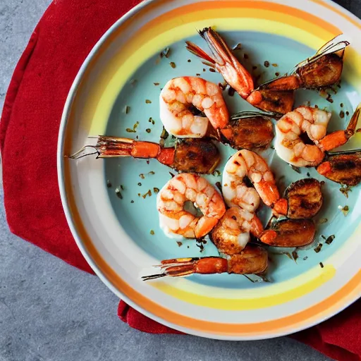 Prompt: cookbook photo of grilled prawns topped with whipped cream and rainbow sprinkles