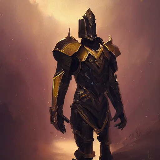 Image similar to anthropomorphic cyberwarrior stands tall wearing black and gold plate armor, oil painting, Tooth Wu, Greg Rutkowski, RPG, dynamic lighting, fantasy art, High contrast, depth of field, landscape, scenery