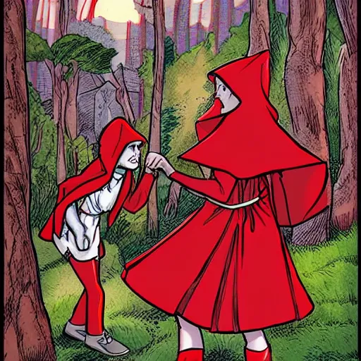 Prompt: little red riding hood illustrated in the style of arthur adams