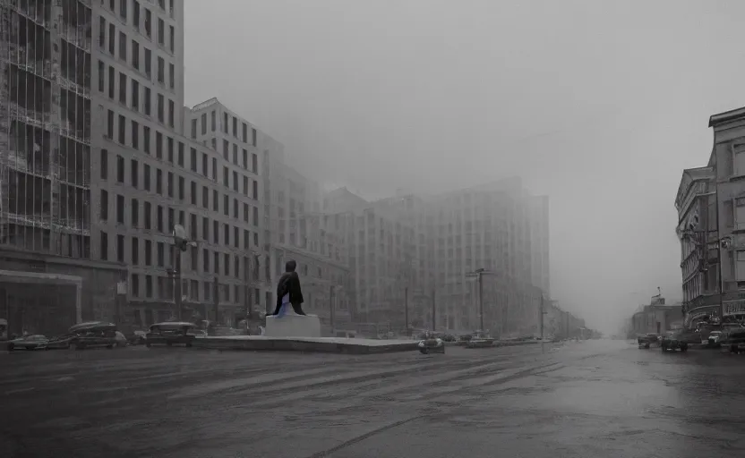 Image similar to 40s movie still of a sovietic street with a big statue of Lenine , Cinestill 800t 18mm, heavy grainy picture, very detailed, high quality, 4k panoramic, HD criterion, dramatic lightning, rain, mud, foggy