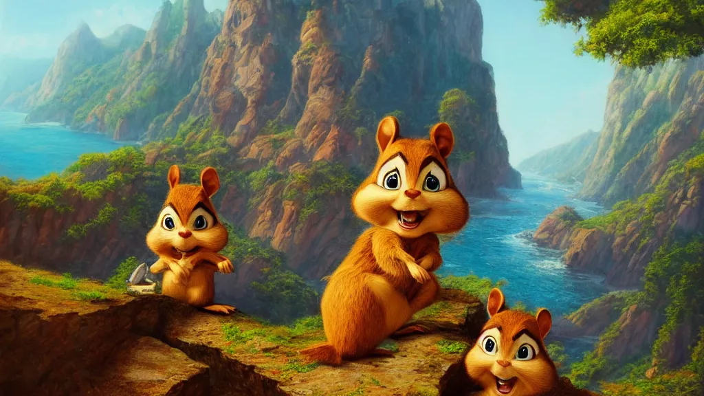 Prompt: Theodore from Alvin and the chipmunks standing on the edge of a cliff, highly detailed oil painting, epic fantasy art, abstraction, masterpeice, 8k