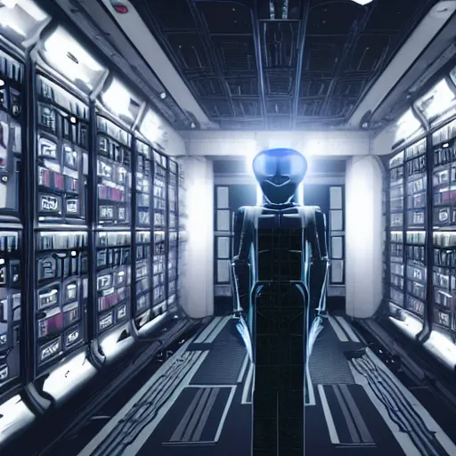 Prompt: symmetrical anthropomorphic android working in sci - fi server room. cinematic shot from alien isolation