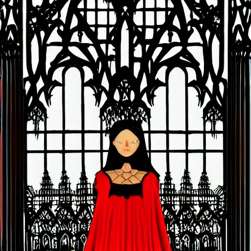 Image similar to landscape gothic girl dressed in black, perfect face, macro head shot, behind her a gothic cathedral, the windows of the cathedral are reflecting red flame lights, delicate mandala intricate ornaments