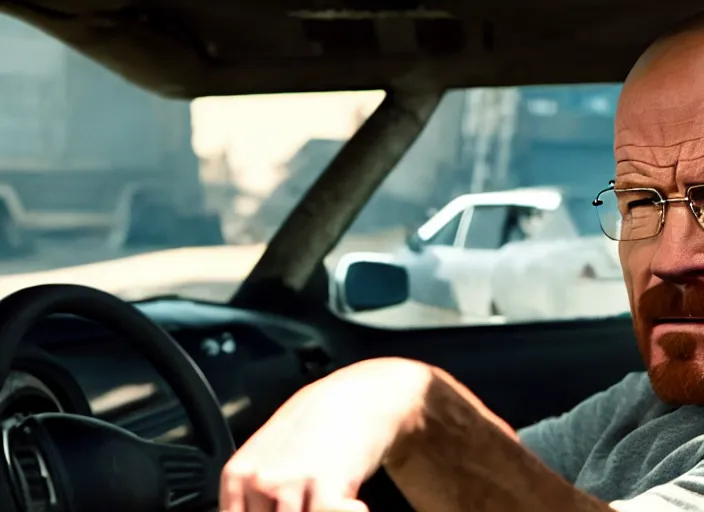 Prompt: film still of walter white as dominic toretto in furious 7 movie ( 2 0 1 5 ), 8 k