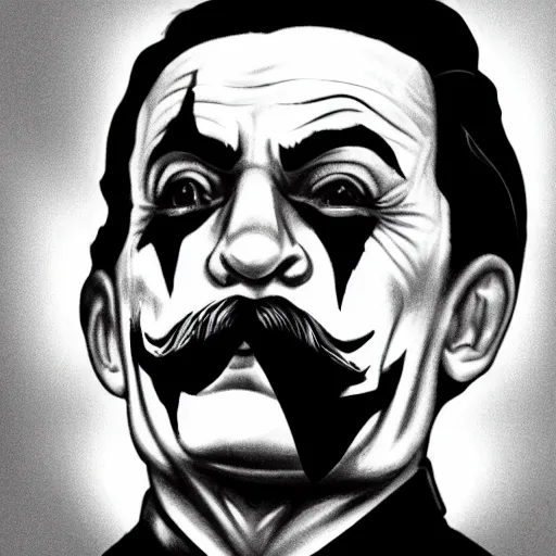 Prompt: a stylized black and white photograph of stalin dressed as the joker