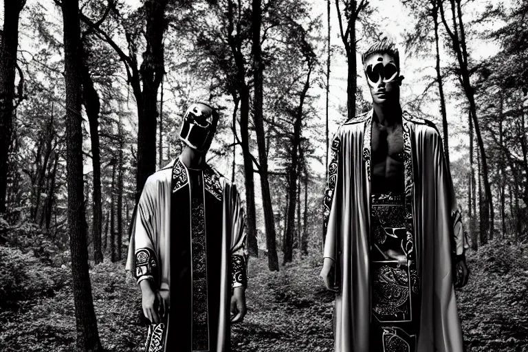 Image similar to versace avant garde male toga intricate textiles streetwear cyberpunk posing in the woods trees cloudy overcast dark late evening dramatic 3 5 mm professional color