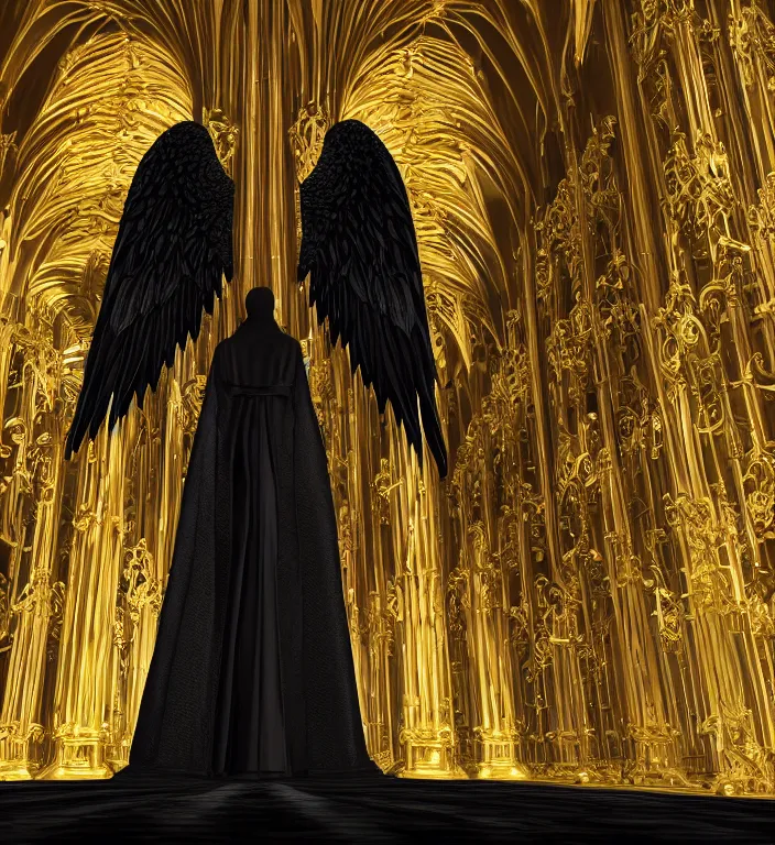 Image similar to full length picture angel wearing black robe with gold wings in an elaborate cathedral, sharp focus, DOF, unreal engine, 8k, ultra detailed, photorealistic + sigma 105mm f2.8 macro