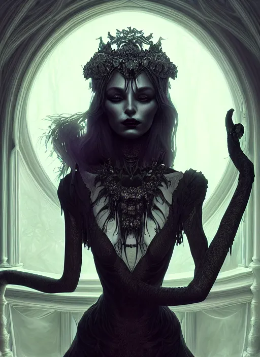 Prompt: portrait of an absurdly beautiful, graceful, sophisticated, fashionable dark witch, hyperdetailed illustration by irakli nadar and vania zouravliov, day - glow, unreal engine 5 highly rendered, global illumination, radiant light, detailed and intricate environment