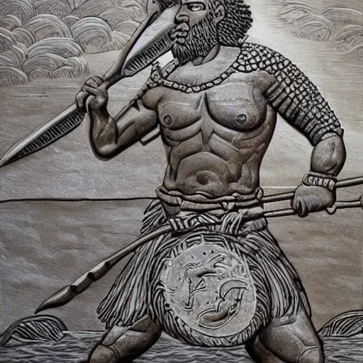 Prompt: sea people warrior fighting a massive bear, high detailed, bas relief