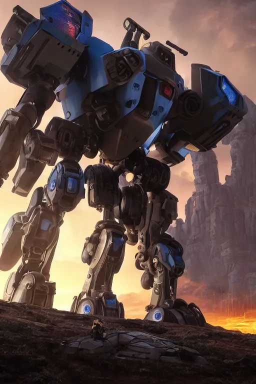 Image similar to mechwarrior 5 : mercenaries mech megaman transformer robot boss tank engine game octane render, 4 k, hd 2 0 2 2 3 d cgi rtx hdr style chrome reflexion glow fanart, global illumination ray tracing hdr fanart arstation by ian pesty by jesper ejsing pixar and disney unreal zbrush central hardmesh