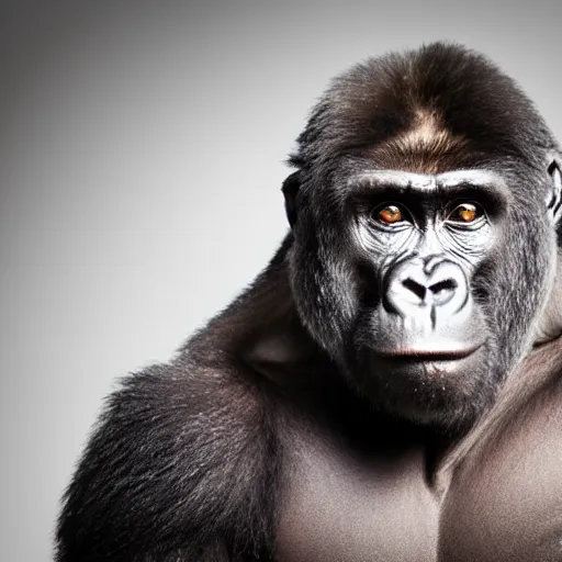 Prompt: portrait photo of a charismatic curious silverback gorilla looking into the camera, indoors, f 1. 4, golden ratio, rim light, top light, overcast day
