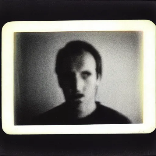 Prompt: grainy polaroid photograph of the face of a serial killer, only known evidence