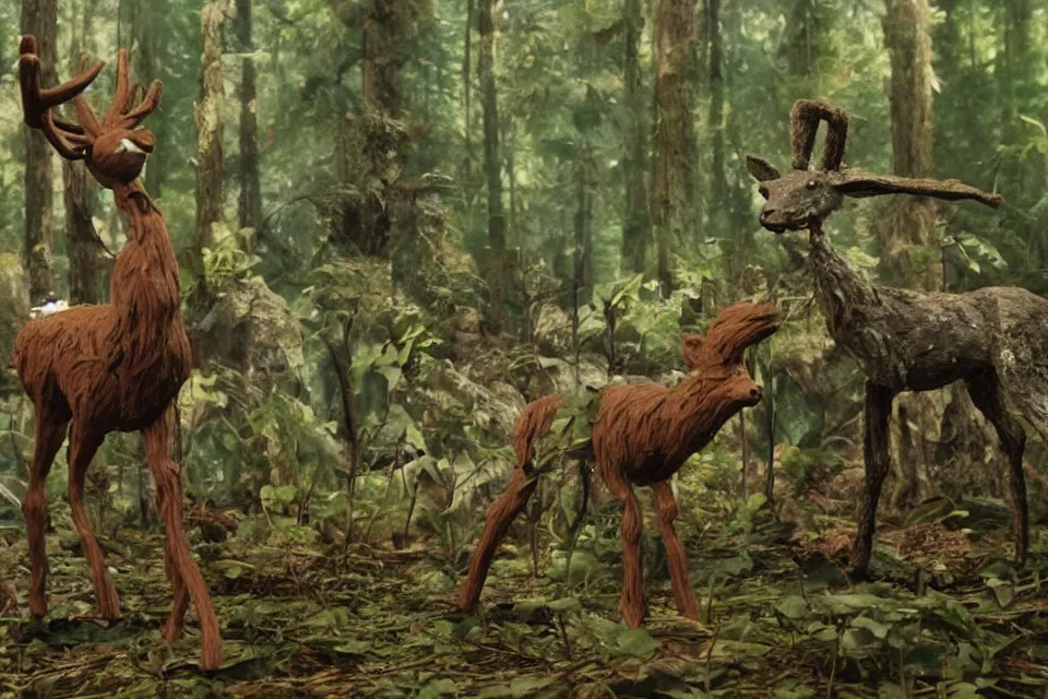 Image similar to a breathtaking claymation film still of a deer and a robot in the forest. claymation by bruce bickford