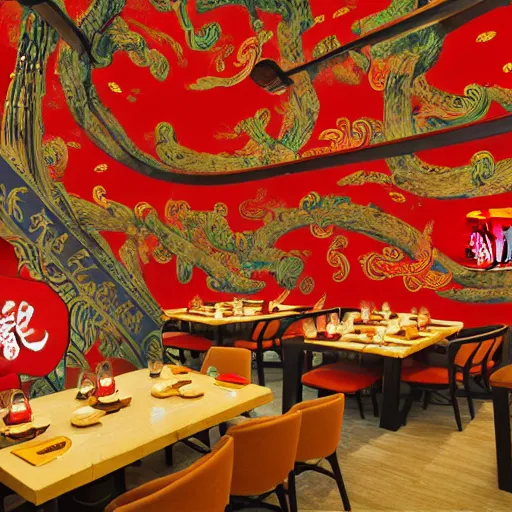 Image similar to a beautiful hyperdetailed interior 4 k hd wallpaper illustration of roasted string hotpot restaurant restaurant yan'an, wall painting, from china, with merchant logo, people are eating kebabs, fine delicate structure, surrealistic, chinese style, victo ngai