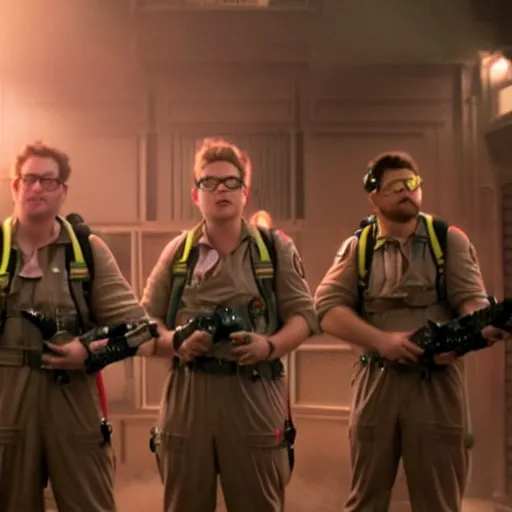 Image similar to awe inspiring Seth Rogen playing a Ghostbuster in a still from the movie Ghostbusters 8k hdr