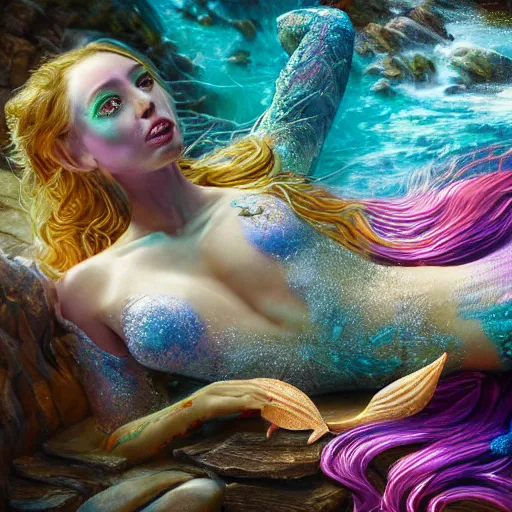 Image similar to full body pose, hyperrealistic mixed media painting of beautiful mermaid, dim volumetric lighting, 8 k, octane beautifully detailed render, extremely hyper detailed, intricate, epic composition, cinematic lighting, masterpiece, trending on artstation, very very detailed, masterpiece, stunning, hdr, smooth, sharp focus, high resolution, award, winning photo, dslr, 5 0 mm