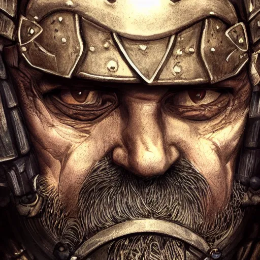 Prompt: historic fantasy, closeup portrait of an old strong man, armor, midday, city market, depth, digital art, trending on artstation