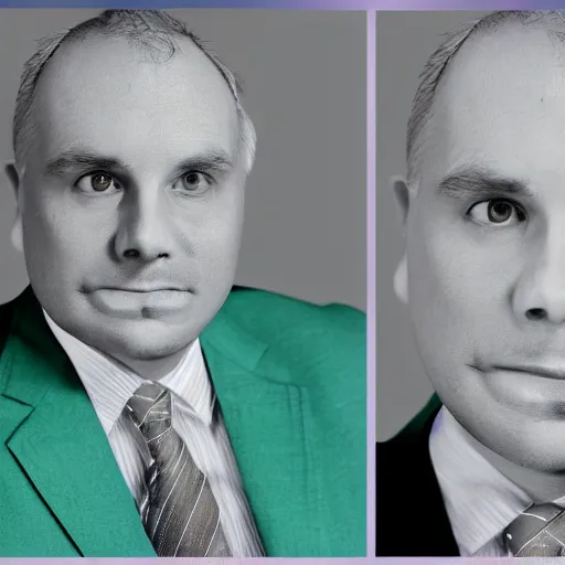 Prompt: augustus aloysius corporate portrait, senior sales marketing acquisitions ceo executive vp, purple green color scheme, professional studio lighting, hyperreal detailed lifelike facial features, corporate portraiture photographed by ansel adams