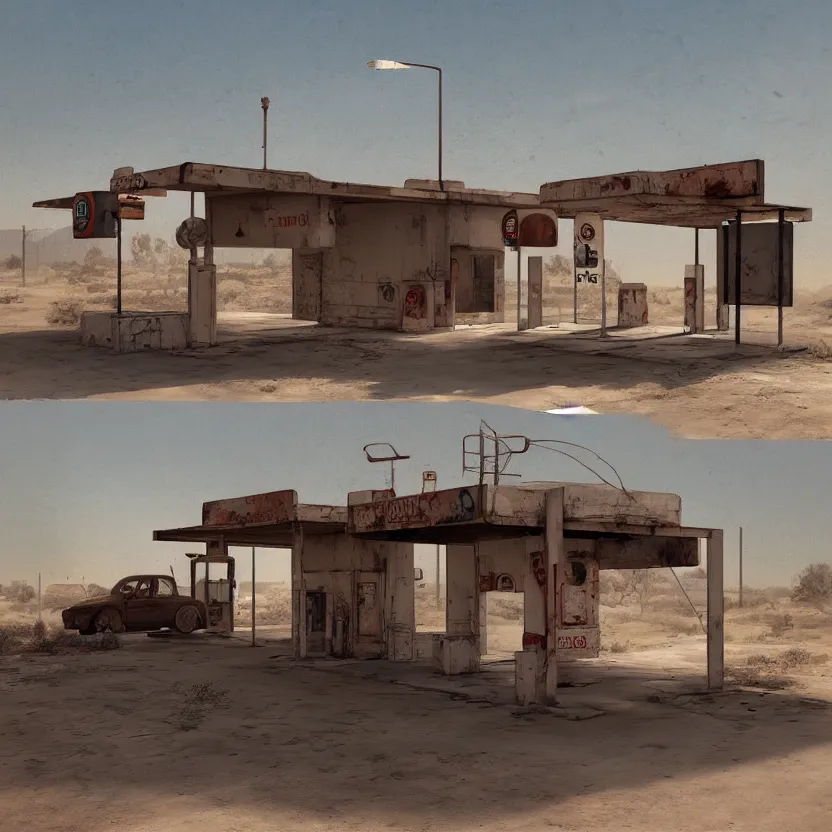 Image similar to an old, tiny abandoned gas station in the middle of the desert, cobweb, old, artstation, digital art.