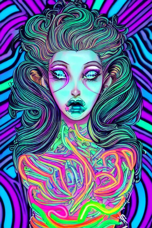 Image similar to a award winning portrait of a beautiful woman with stunning eyes in a one off shoulder croptop and cargo pants with rainbow colored hair, outlined by whirling illuminated neon lines and fine lines swirling in circles by joe fenton, digital art, trending on artstation