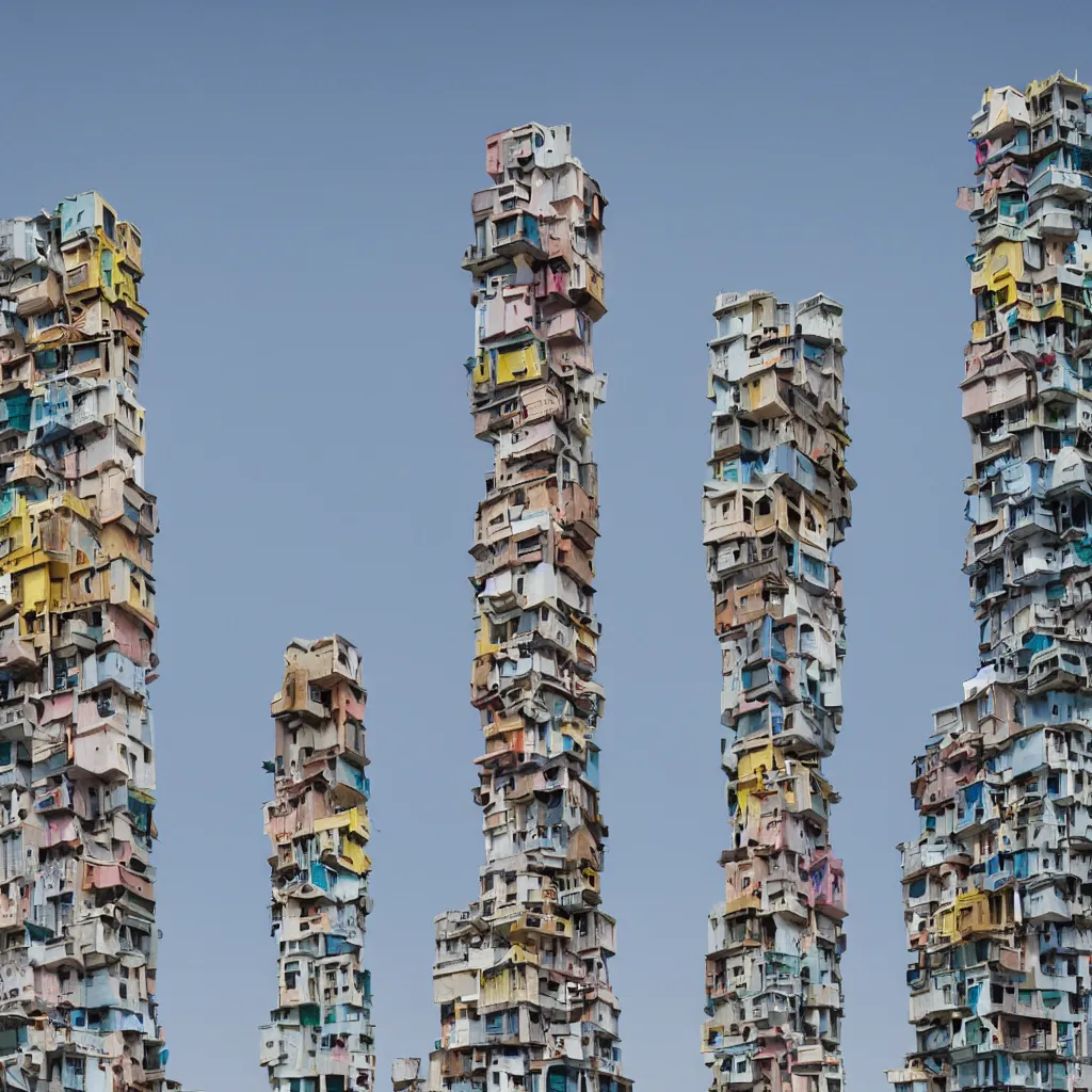 Prompt: close - up towers made up of colourful squatter housing, bleached colours, plain uniform off white sky, dystopia, mamiya, very detailed, ultra sharp, photographed by john chiara