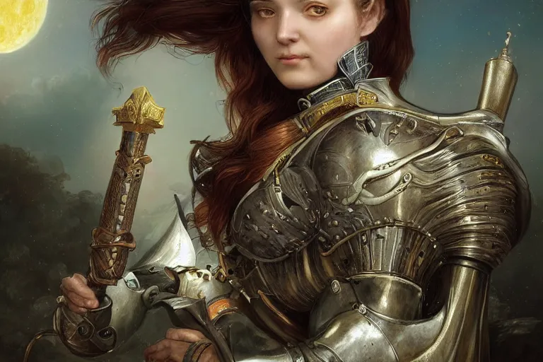 Image similar to a portrait of a female night guard in armor, thin lustrous auburn hair, in Ankh Mor-Pork from Discworld by Terry Pratchett, dreamy night, eternity, romantic, highly detailed, in the style of Tom Bagshaw and Franz Xaver Winterhalter, highly detailed