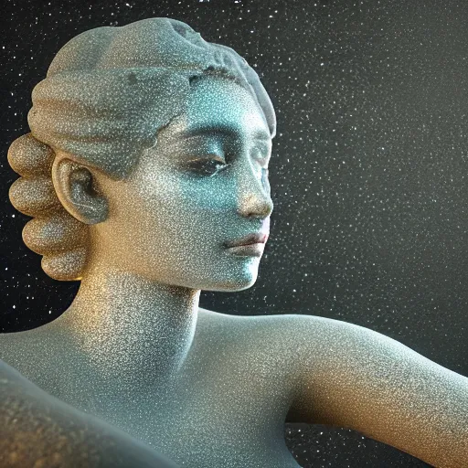 Image similar to sponge sculpture goddess of space, beauty, pretty face, glossy skin, stars, glowing, soft light, hdri, smooth, sharp focus, fantasy, intricate, elegant, highly detailed, 8 k