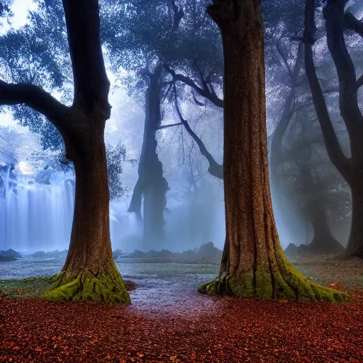 Prompt: ancient oak forest in blue hour light and misty waterfalls